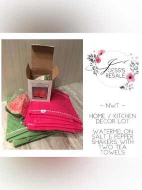 🆕WATERMELON THEMED KITCHEN SET - NEW - SALT AND PEPPER SHAKERS / TEA TOWELS